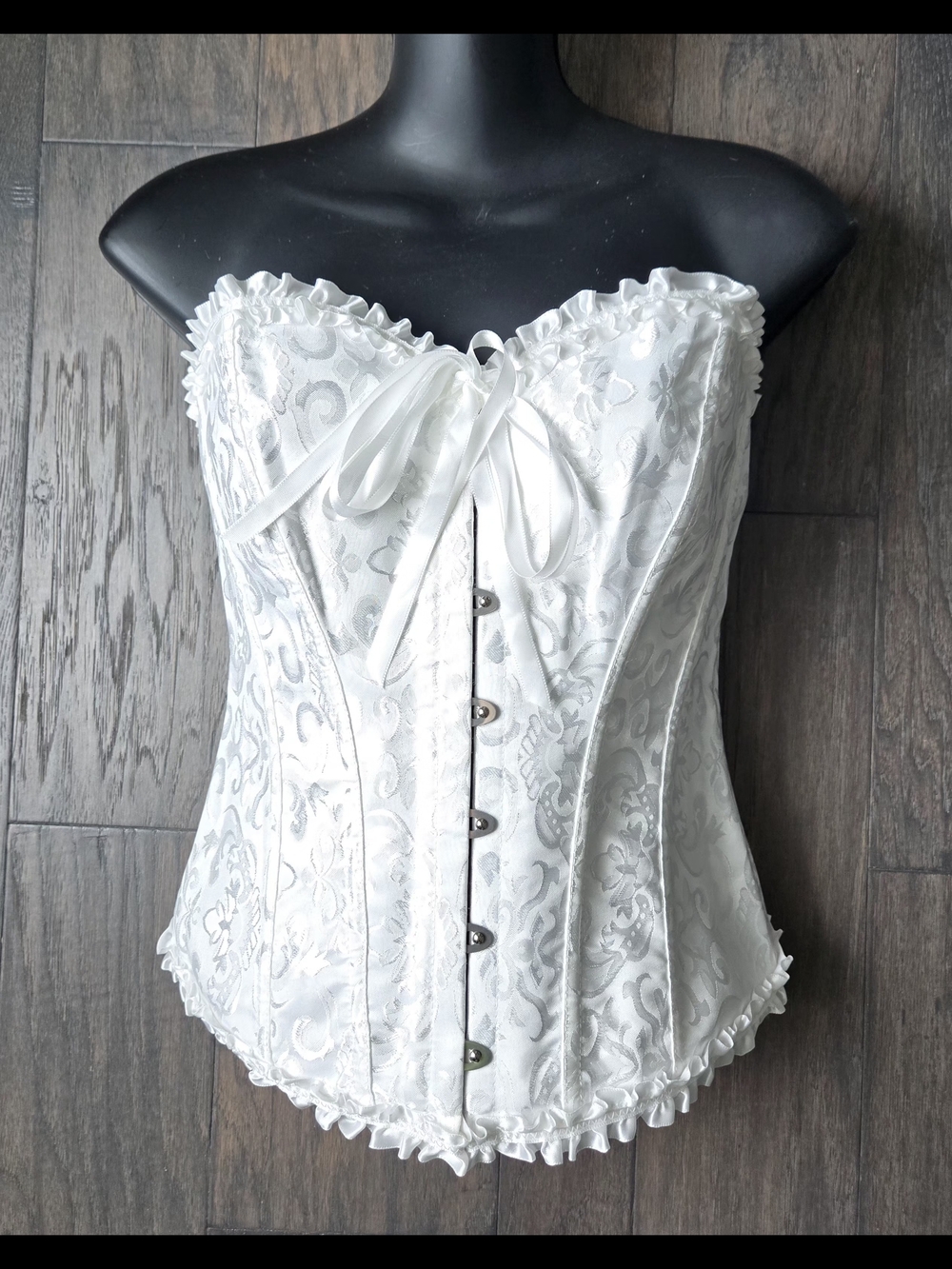 Vintage-inspired White Floral Jacquard Overbust Corset Top Bustier - Size S